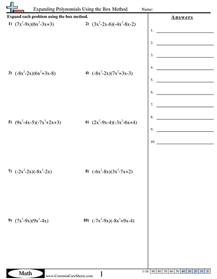 Algebra Worksheets - Expanding Polynomials Using the Box Method worksheet